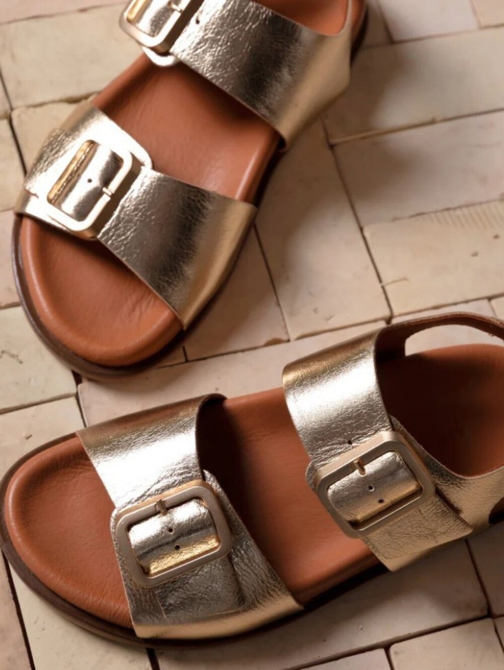 Air & Grace Metallic Gold Buckle Double-Strap Sandals - Size 39